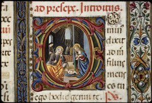 Messale di Thomas James: particolare di una scritta D: la Natività.