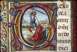 Messale di Tommaso Giacomo: particolare di una scritta G: il martirio di San Tommaso Becket.