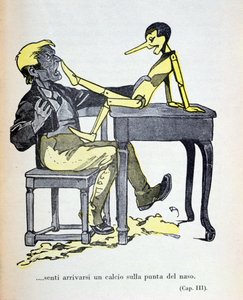 Gepetto sentì un calcio sulla punta del naso", illustrazione da "Pinocchio" di Carlo Collodi (1826-90) pubblicata da Bemporad nel 1935 (incisione a colori)