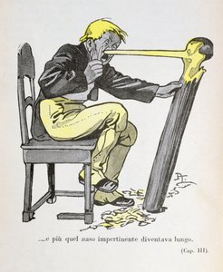 Il naso di Pinocchio cominciò a crescere mentre Gepetto continuava a scolpire la sua figura", illustrazione da "Pinocchio" di Carlo Collodi (1826-90) 1935 (litografia a colori)