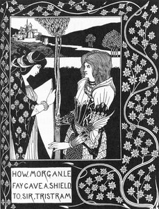 Leggenda Arturiana: La fata Morgana dà uno scudo a Tristano, Incisione in La storia di Tristano e le sue avventure, che include la sua storia d