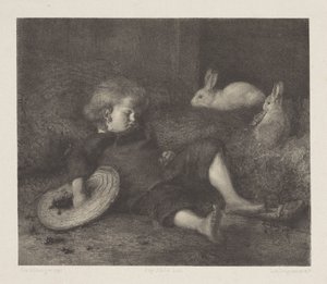 Bambino dormiente con conigli