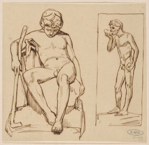 Nudo seduto con bastone e nudo in piedi che beve
