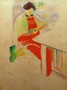 Donna con grembiule rosso sul balcone (Elisabeth)