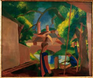 Bambini alla fontana con città sullo sfondo da August Macke