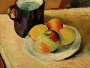 Brocca di latte e mele su piatto da August Macke