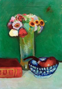 Natura morta con mazzo di fiori e pipa in ciotola blu da August Macke