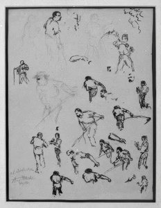 Foglio di studi con contadini che mietono da August Macke