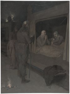 Njal, Bergthora e Thord Karisson decidono di farsi bruciare vivi. Illustrazione per la Saga di Njal, cap. 129 da August Malmström