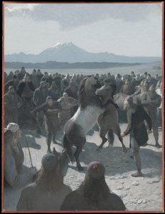 La lotta tra cavalli a Hlíðarendi. Illustrazione per la Saga di Njál, cap. 59 da August Malmström