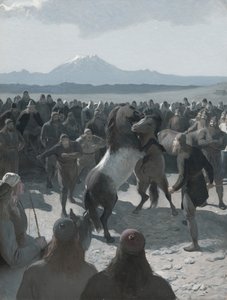 La Storia di Njáll Bruciato: La Lotta dei Cavalli a Hlíðarendi, 1880s da August Malmström