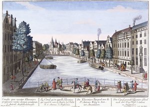 Veduta del canale Kleveniers, Amsterdam, c.1740-1770 (incisione colorata a mano) da August Vindel