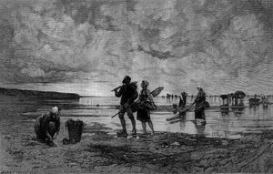 Grande marea nella Manica (XIX secolo): pescatori di conchiglie su una spiaggia. Incisione dal dipinto di Hagborg Auguste Wilhem Nikolaus in 