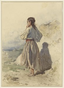 Donna ungherese, in piedi tre quarti verso sinistra, vista di schiena