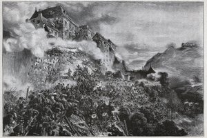 La Rivoluzione Ungherese del 1848-1849: i ribelli ungheresi assaltano il Castello di Buda il 21 maggio 1849 - dopo una litografia di August von Pettenkofer