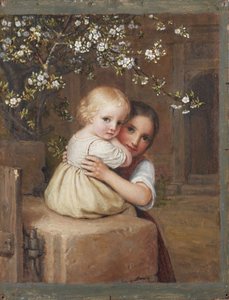 Bambino e bambina sotto un melo in fiore (studio)