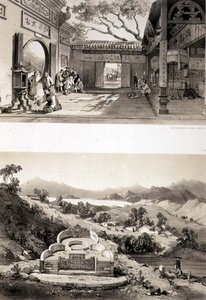 Veduta Interna del Grande Tempio a Macao e una Tomba e Villaggio tra le Baie di Hong Kong e Cowloon, tavole 8 e 7 da 