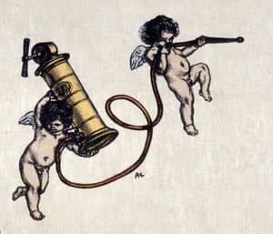 Le gioie del clistere. Due angeli con una pompa per clistere. Illustrazione di Auguste Leroux (1871-1954) da Auguste (after) Leroux