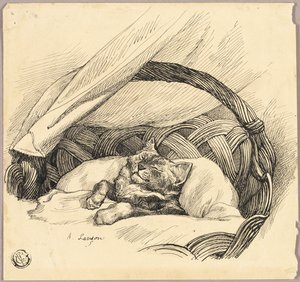 Gatto addormentato in una cesta da Auguste Andre Lancon