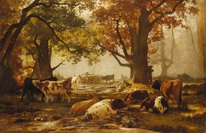Bovini in un paesaggio fluviale boscoso da Auguste Francois Bonheur
