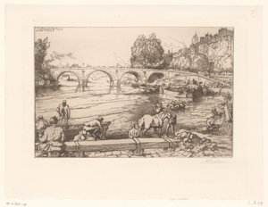 Vista del Pont Marie con figure nella Senna da Auguste Lepère (signed by artist)