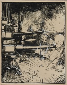 Bombe esplodenti su una corazzata con cannoni puntati, 1914 da Auguste Louis Lepère