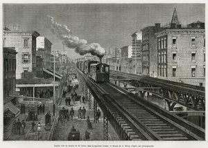 Doppio binario della Ferrovia Aerea sulla Settima Avenue, New York, New York. Edouard de Laveleye, nel 1878-1879, pubblicato in Le tour du monde, sotto la direzione di Edouard Charton (1807-1890) da Auguste Victor Deroy