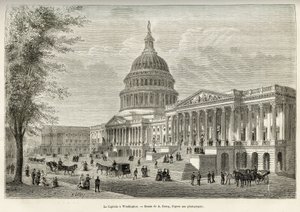 Il Campidoglio, sede del legislatore, costruito tra il 1793 e il 1830, a Washington (Distretto di Columbia), capitale degli Stati Uniti. Incisione dal disegno di A.Deroy, per illustrare la storia La conquista bianca, di William Hepworth Dixon, nel 1875, p da Auguste Victor Deroy