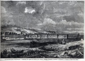 Il nuovo ponte ad Argenteuil. Giunzione delle linee Nord e Ovest. Sezione di Ermont (sistema tubolare). Incisione dopo uno schizzo di Ralph in "Le Monde illustré", 29/08/1863. Collezione privata. da Auguste Victor Deroy