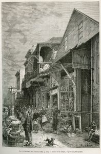 La strada del mercato a San Francisco, che rivela la presenza di una importante comunità cinese, un presagio di una futura Chinatown. Incisione dal disegno di A. Deroy, per illustrare la storia La conquista bianca, di William Hepworth Dixon, nel 1875, pubb da Auguste Victor Deroy