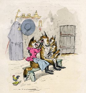 Illustrazione di A. Vimar per il Roman de Renart (romanzo della volpe), edizione Henri Laurens XIX secolo - Goupil e Hermeline la volpe, sua moglie, a casa, con i loro figli i piccoli volpi - da Auguste Vimar