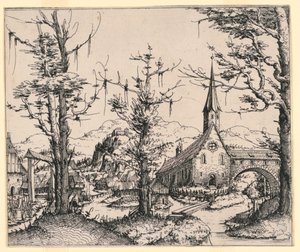 Chiesa vicino a un ruscello, attraversato da un ponte coperto da Augustin Hirschvogel