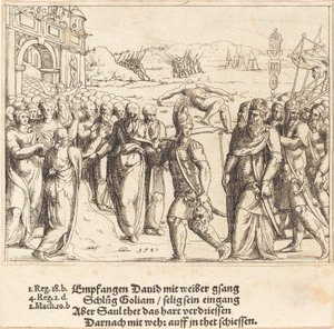 Davide è accolto dopo aver ucciso Golia, e la gelosia di Saul da Augustin Hirschvogel