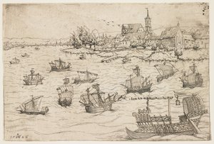 Giona e la balena su un lago con navi a vela, 1546 da Augustin Hirschvogel
