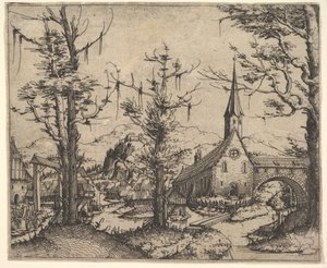 Paesaggio con quattro alberi e una chiesa a destra, 1545 da Augustin Hirschvogel