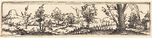 Paesaggio con sei alberi singoli e tre piccole fattorie