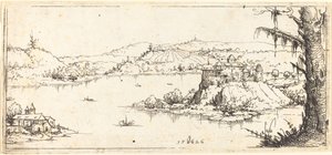Paesaggio con grande lago al centro da Augustin Hirschvogel