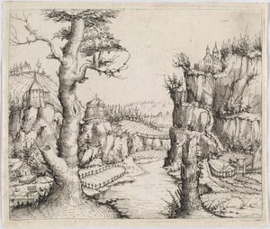 Paesaggio fluviale con alte scogliere da Augustin Hirschvogel