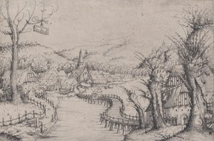 Paesaggio fluviale con tre salici spogli a destra e un lungo ponte di legno tortuoso a ..., 1546 da Augustin Hirschvogel