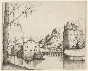 Paesaggio fluviale con due edifici collegati da un ponte da Augustin Hirschvogel