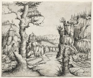 Paesaggio fluviale con rocce a sinistra e a destra, 1546 da Augustin Hirschvogel