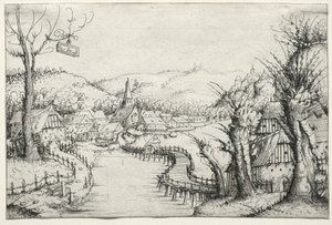 Paesaggio fluviale con tre salici spogli a destra e un lungo ponte di legno tortuoso..., 1546 da Augustin Hirschvogel