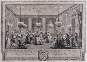 Il ballo in abito da sera a casa di Monsieur de Villemorien Fila, inciso da L. Provost da Augustin de Saint Aubin