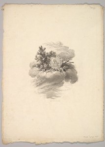 Vignetta con moneta su una nuvola con rose a sinistra e colombe sotto e a destra da Augustin de Saint Aubin