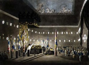 Resti di Lord Viscount Nelson in stato nella Painted Chamber al Greenwich Hospital, inciso da J. Merigot, pub. 1806 (incisione a colori) da Augustus Charles (after) Pugin