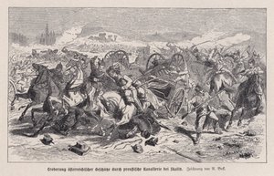 Cannoni austriaci catturati dalla cavalleria prussiana nella Battaglia di Skalitz, Boemia, Guerra austro-prussiana da Augustus J. Beck