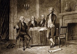 Leader del Congresso continentale 1775: John Adams, Robert Morris, Alexander Hamilton, Thomas Jefferson, disegno di Augustus Tholey (1894) da Augustus Tholey