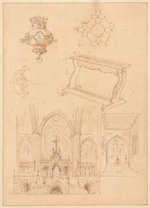 Progetti per ornamentazione gotica, un inginocchiatoio e due schizzi degli interni di chiese gotiche da Augustus Welby Northmore Pugin