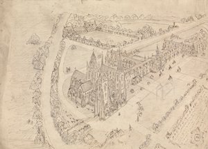 Schizzo di una chiesa gotica e monastero da Augustus Welby Northmore Pugin