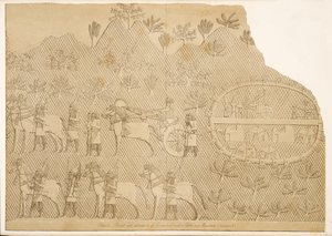 Carro e attendenti di Sennacherib e un castello su una montagna (Kouyunjik), dai Monumenti di Ninive, pub. 1849 da Austen Henry Layard